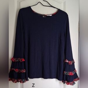 Crown and Ivy Womens Top Sz XL Blue Boat Neck Long Sleeve Plaid Ruffle Sleeves